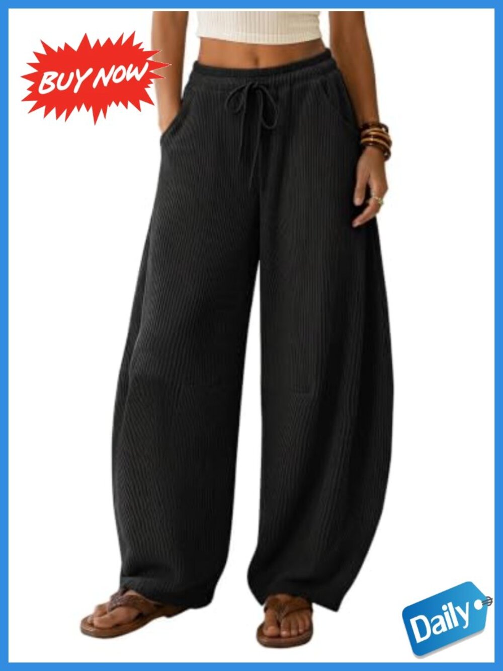 Waffle Knit Barrel Wide Leg Drawstring Sweatpants